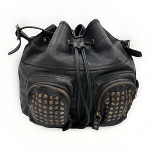 Frye 'Brooke' Studded Drawstring Bucket Bag Black Leather w/Antique Brass Accent